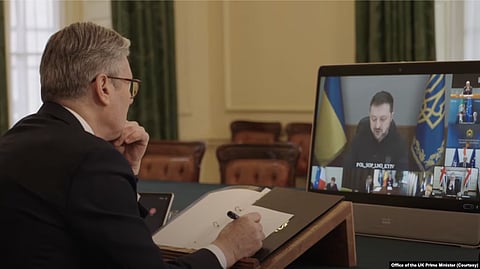 In this photo taken from video on March 15, 2025, British Prime Minister Keir Starmer participates from London in a virtual meeting with a group of European, Australian, New Zealand and Canadian leaders. They discussed the proposed ceasefire between Russia and Ukraine.
