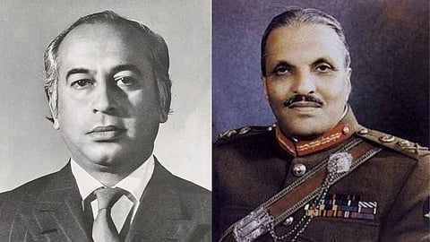 On the left side is Zulfikar Ali Bhutto and on the right side is Zia-ul-Haq