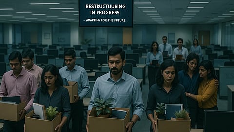 Office employees carrying boxes with their belongings after a company layoff.