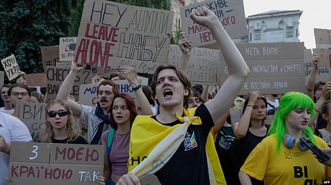 crowd protesting in Kyiv on July 31.
