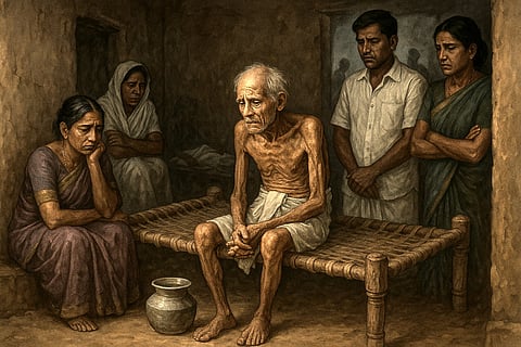 In the image one elderly is shown sitting and the other surrounding him all the looking sad and the elderly is looking at ground staring.