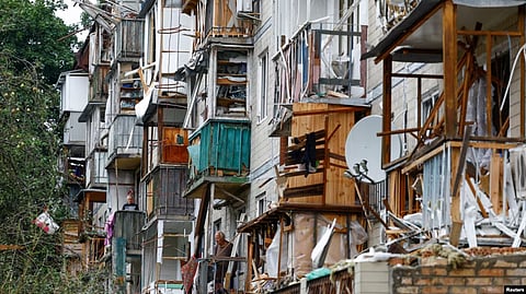 the image shows the devastated scene after the Russian missile and drone attack the house are shatters and in very bad condition