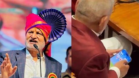 picture of Minister manikrao Kokate in the left and him playing Rummy game during the assembly session.