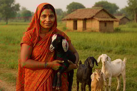 A woman in the village of Bihar holding goats.