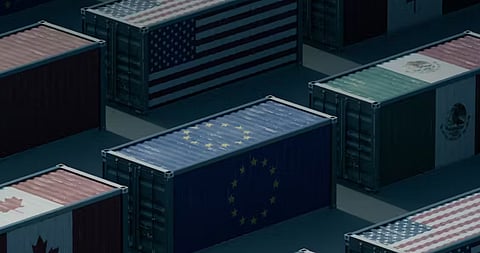 The image shows the different countries flags showcasing the global rollercoaster ride of United States trade tariffs has now entered its latest phase.