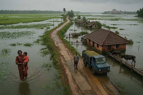 An aerial and ground-level view of Mundar island in Kerala, India 