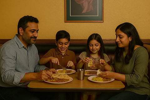 In the image a family is sitting in a restraunt