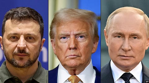 This combination of file photographs shows Ukrainian President Volodymyr Zelenskyy, US President Donald Trump, and Russian President Vladimir Putin.