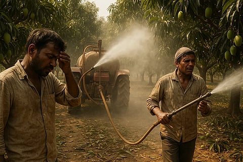 Mango orchard workers spraying chemicals