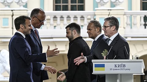 European leaders and Ukrainian President Volodymyr Zelenskyy shaking hands