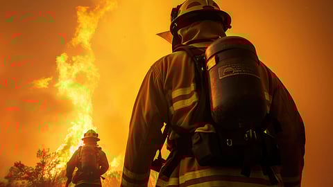 Graphical illustration of firefighter walking towards fire.
