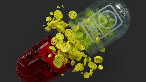 3D illustration of a capsule breaking open, releasing yellow smiley face icons, symbolizing happiness or mood-boosting pills.