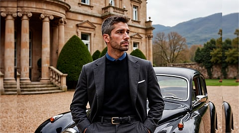 A handsome man wearing suit and standing beside his car outside his mansion.