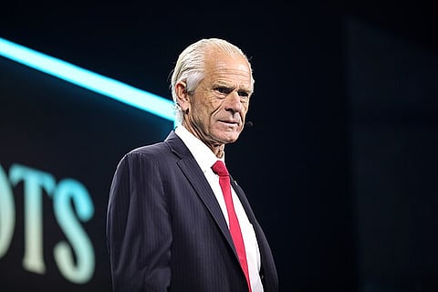 Former Director of the Office of Trade and Manufacturing Policy Peter Navarro speaking with attendees at The Believers Summit at the Palm Beach County Convention Center in West Palm Beach, Florida.