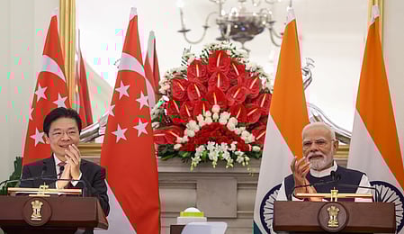 PM Narendra Modi and the Prime Minister of Singapore, Lawrence Wong witnessing the Exchange of MoUs between India and Singapore at Hyderabad House, in New Delhi on September 04, 2025.