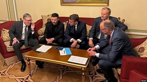 British Prime Minister Keir Starmer, Ukrainian President Volodymyr Zelenskyy, French President Emmanuel Macron, German Chancellor Friedrich Merz, and Polish Prime Minister Donald Tusk speak with US President Donald Trump by phone.