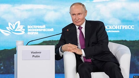 Russian President Vladimir Putin speaks at an economic forum in the Far Eastern port city of Vladivostok, Russia, on September 5.