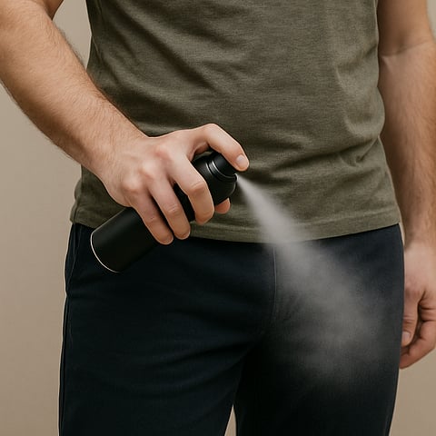 AI image of someone spraying whole-body deodorant on their pants