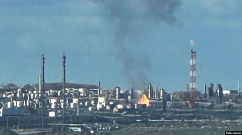 Photo shows blaze at oil refinery near Russian city of Ufa, some 1,400 kilometers from the front lines.
