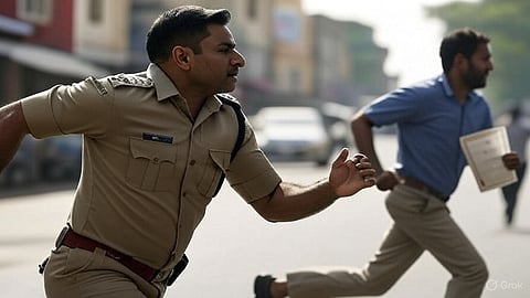 police officer running behind a suspect with a fake degree