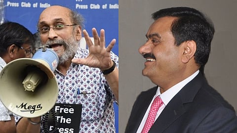 Thakurta speaking at the Press Club of India; Gautam Adani side profile