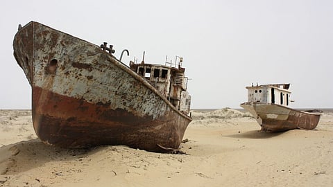 Parts of the Aral Sea, a once-expansive body of water between Kazakhstan and Uzbekistan, have dried up, leaving boats grounded and the region desertified