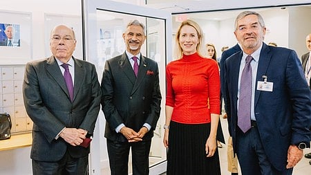 Brazil’s Minister Mauro Vieira Juan, from left, External Affairs Minister S Jaishankar, European Union’s High Representative for Foreign Affairs Kaja Kallas, and Mexico’s Foreign Secretary Ramón de la Fuente at their meeting on Monday, September 22, 2025