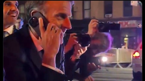 French President takes a walk on the streets of New York as his car was halted due to roadblock for Trump's convoy.