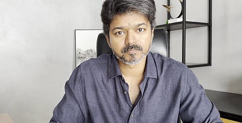 Image of TVK chief Vijay making a public statement on Karur Stampede Row