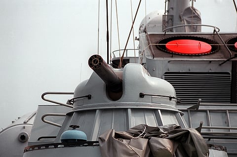 A view of one of an AK-630 30mm/65 caliber multi-barrel close-in weapons systems .
