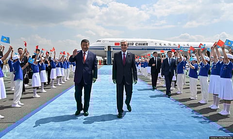 Chinese leader Xi Jinping is welcomed by Kazakh President Qasym-Zhomart Toqaev at Astana Airport in June.
