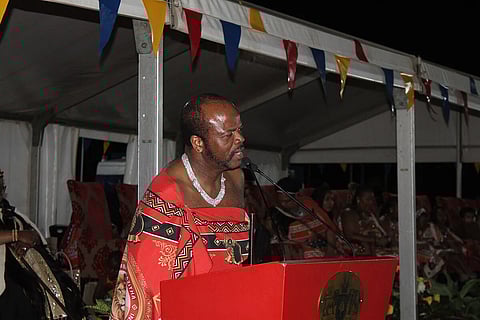 Image of King Mswati III Giving a Speech at Buhleni Royal Residence during Buganu Ceremony 2025