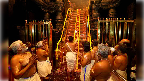 Sabarimala: Priests perform the Padipuja under the guidance of Tantri Brahmasree Kantarar Brahmadatta at Sabarimala temple in Kerala on Tuesday, June 17, 2025. 

