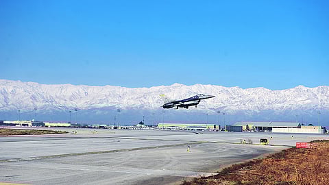 An F-16 Fighting Falcon takes off at Bagram Air Field, Afghanistan.