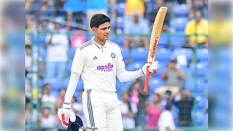  New Delhi: India's captain Shubman Gill celebrates after scoring a century during the second day of the second cricket test match between India and West Indies at the Arun Jaitley Stadium in New Delhi, Saturday, October 11, 2025.