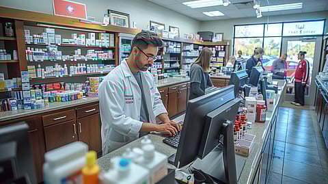 AI pic of pharmacist in pharmacy checking on computer