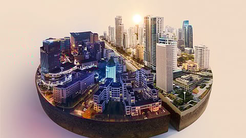 AI generated image of A cross-sectional cityscape in a circular slab shows skyscrapers and buildings transitioning from day to night, with a glowing sunset in the background.