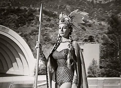 Ekberg posing as a Valkyrie in the 1956 movie 'Hollywood or Bust'