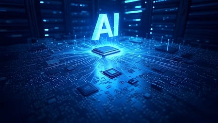 Futuristic scene depicting "AI" in glowing blue letters above a microchip on a circuit board, symbolizing advanced technology and artificial intelligence.