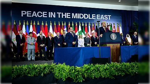 President Donald Trump delivers remarks at the Tonino Lamborghini International Convention Center in Sharm El Sheikh 
