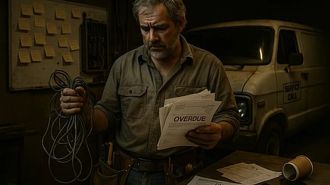 A man stand holding papers and wires in his hands.