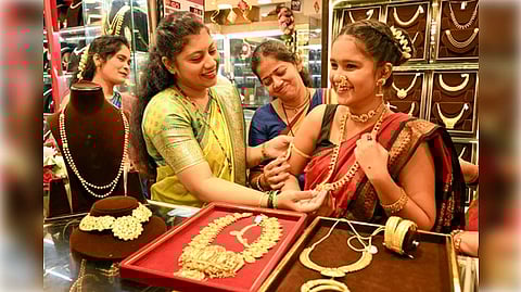  Mumbai: Women purchase gold jewellery at Pednekar Jewellers in Dadar on the occasion of Dussehra festival celebrations in Mumbai on Thursday, October 2, 2025.