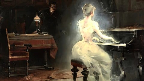 The spirit of girl  wearing gown playing piano in an antique room