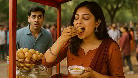 एक महिला गोल गप्पे खाते हुए 