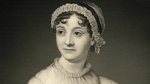 A portrait of author jane austen is shown she is wearing a dress
