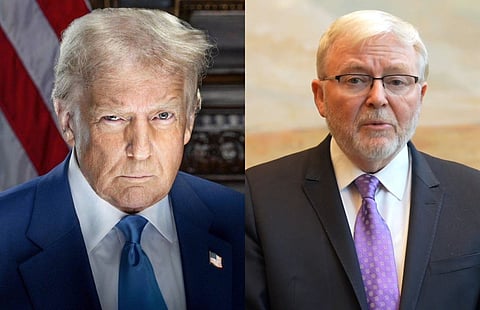 Portrait image of President Trump in blue suit and Australian Ambassador kevin Rudd who once called Trump a village idiot
