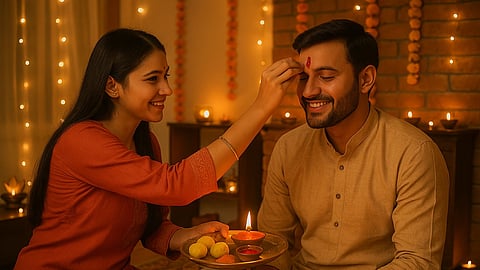 Sister applying tilak to her brother  holding the Pooja thali that has sweets, vermilion and lamp. The picture has a festive vibe. 
