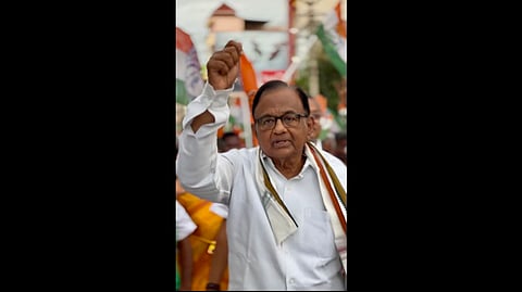 P Chidambaram at the rally in Sivagangai to mark the anniversary of Bharat Jodo Yatra