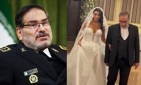 Image of Iran's pro hijab leader Ali Shamkhani and his picture with his daughter in a strapless western wedding gown