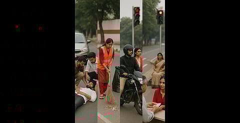 The picture shows civic sense like helping an accident victim, cleaning, following traffic rules and paying fine.